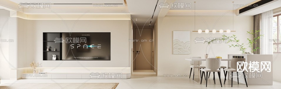 奶油风客厅 餐厅3d模型下载(渲染图2)