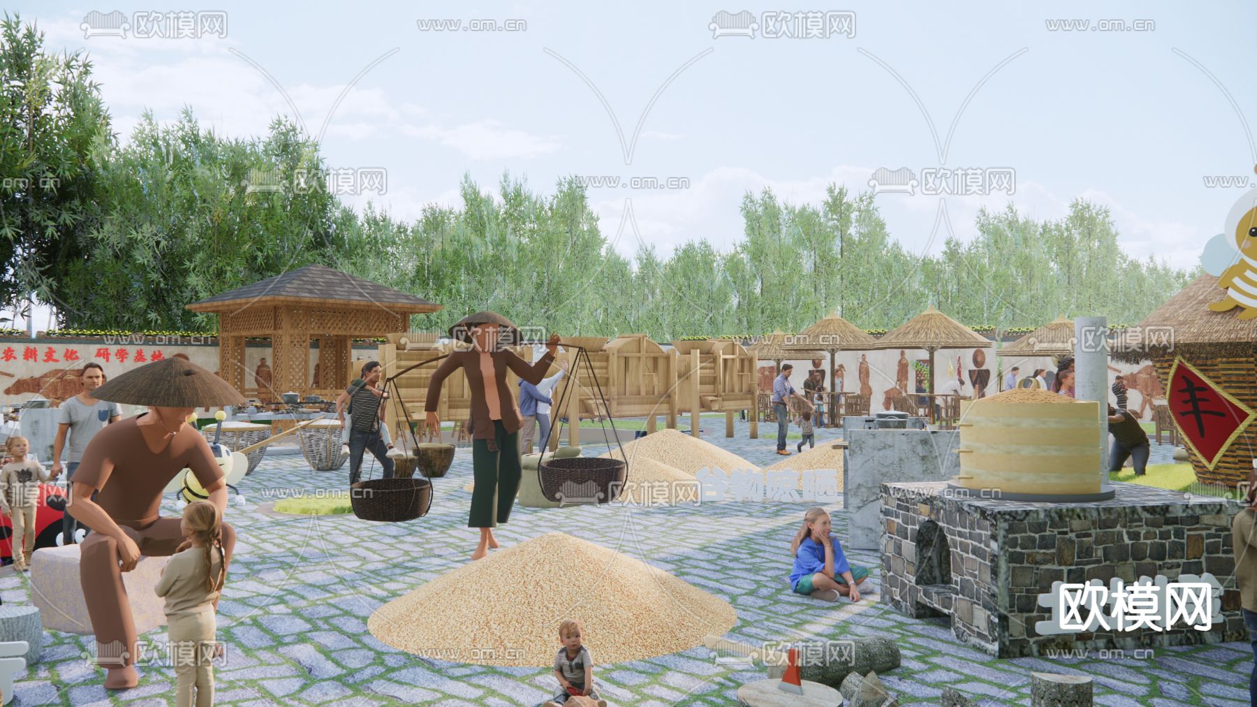 中式水稻研学公园su模型下载（渲染图2）