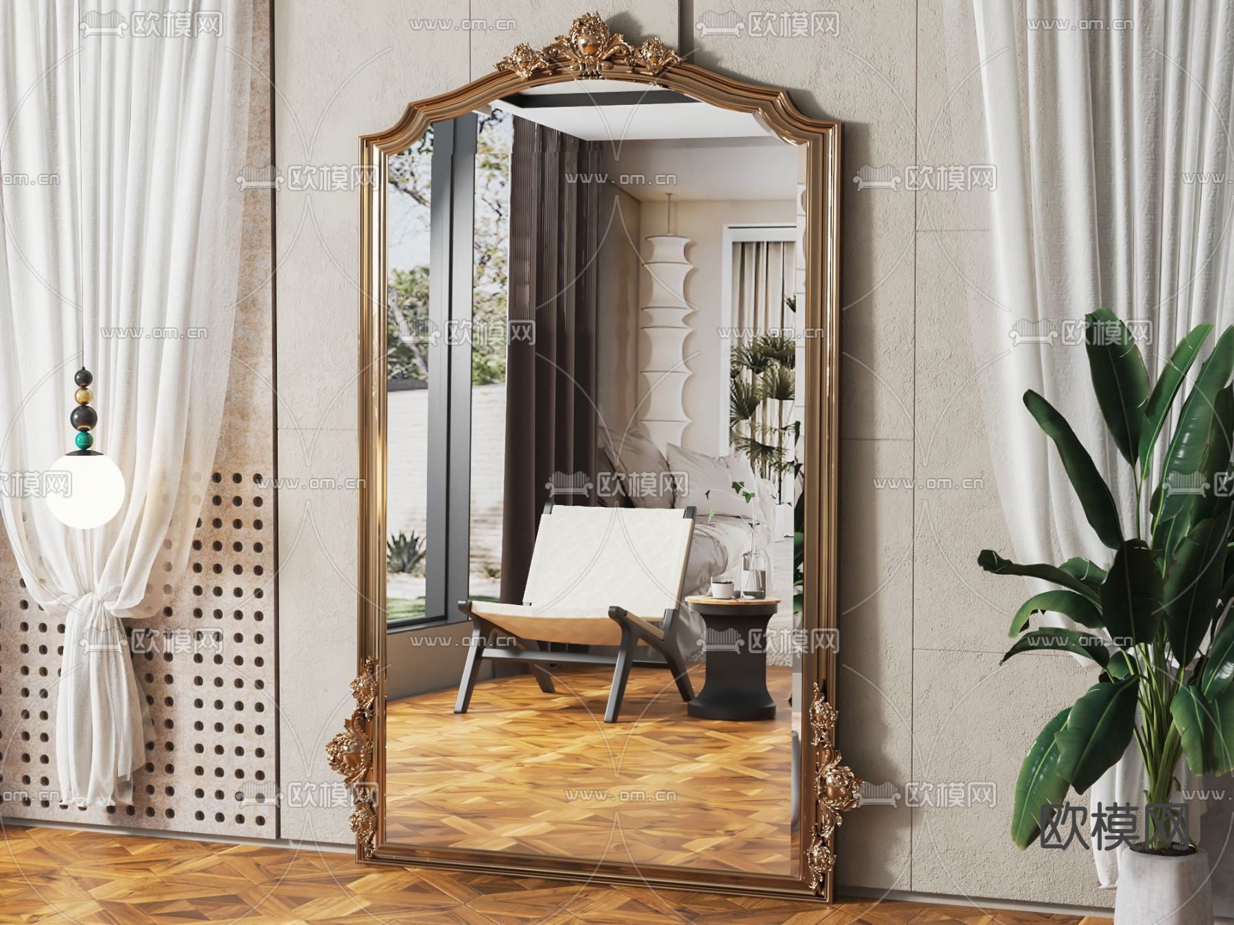 美式镜子 落地镜 穿衣镜 全身镜3d模型下载