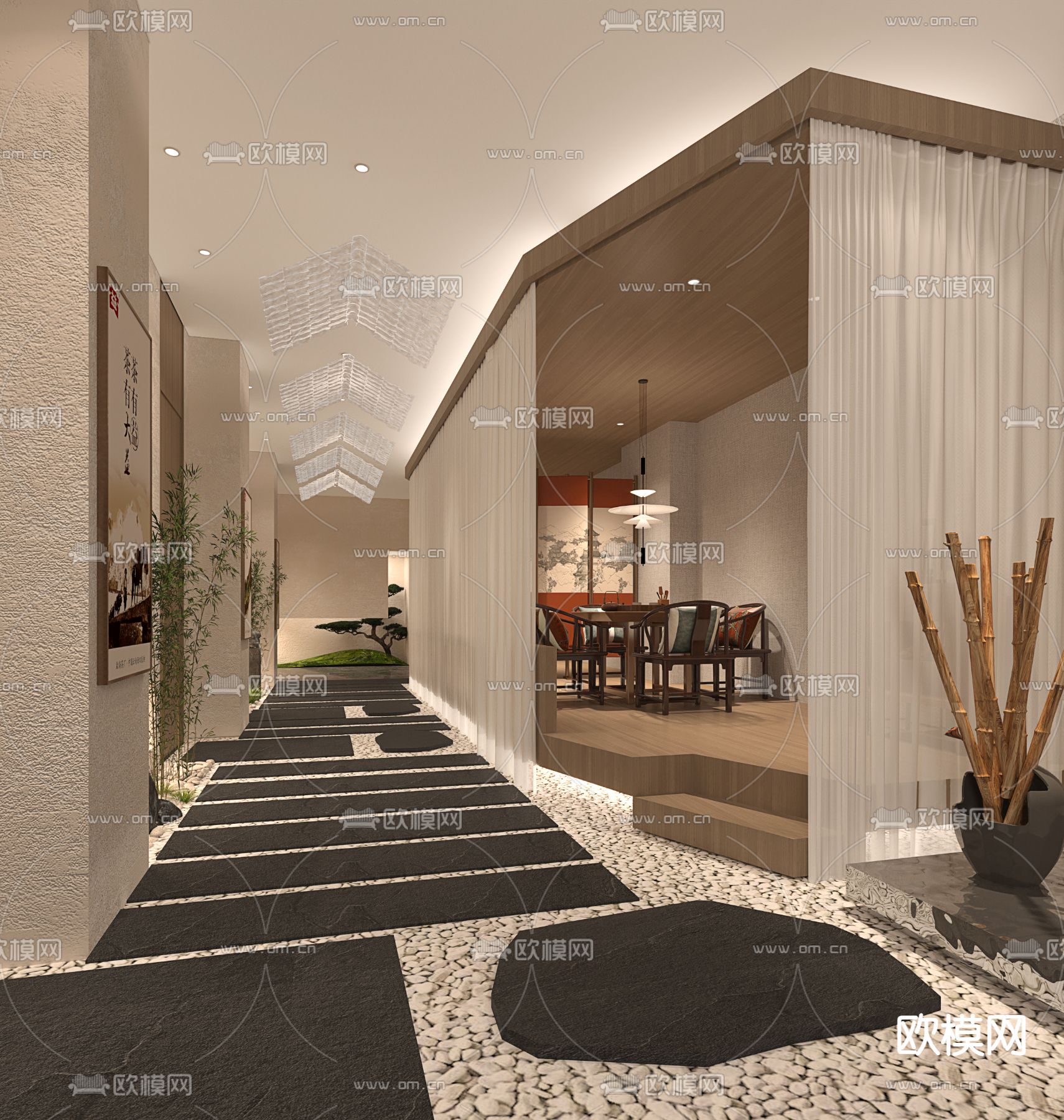 新中式茶馆 走道3d模型下载