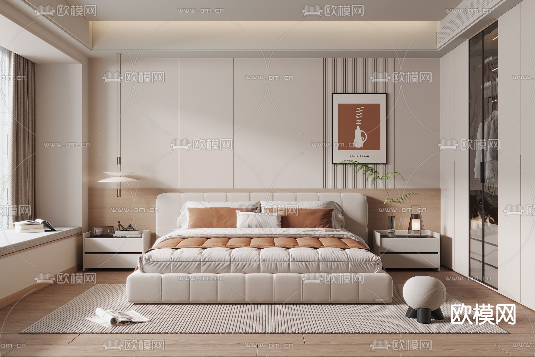 奶油风卧室su模型下载（渲染图1）