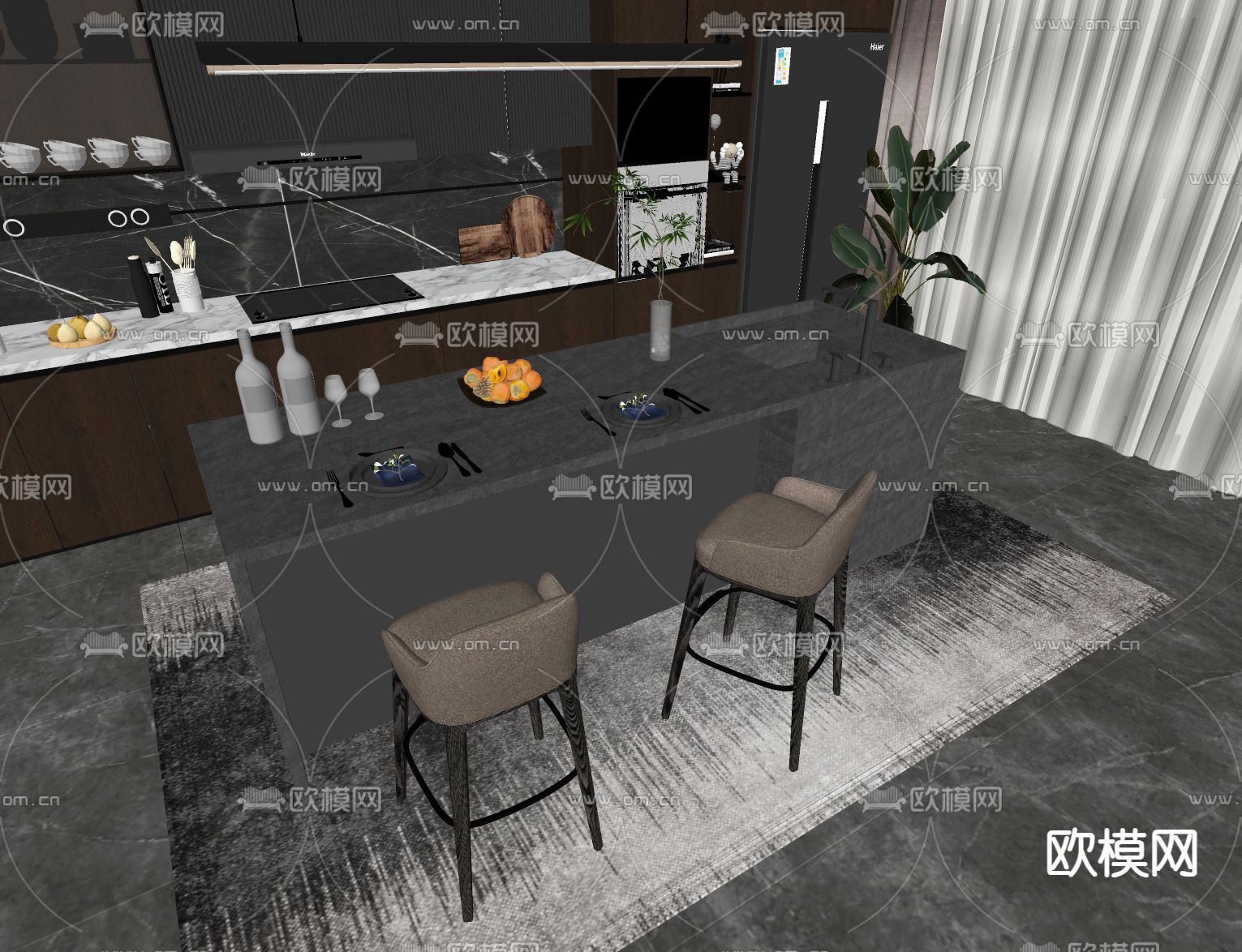 暗黑风中岛餐桌su模型下载（渲染图2）