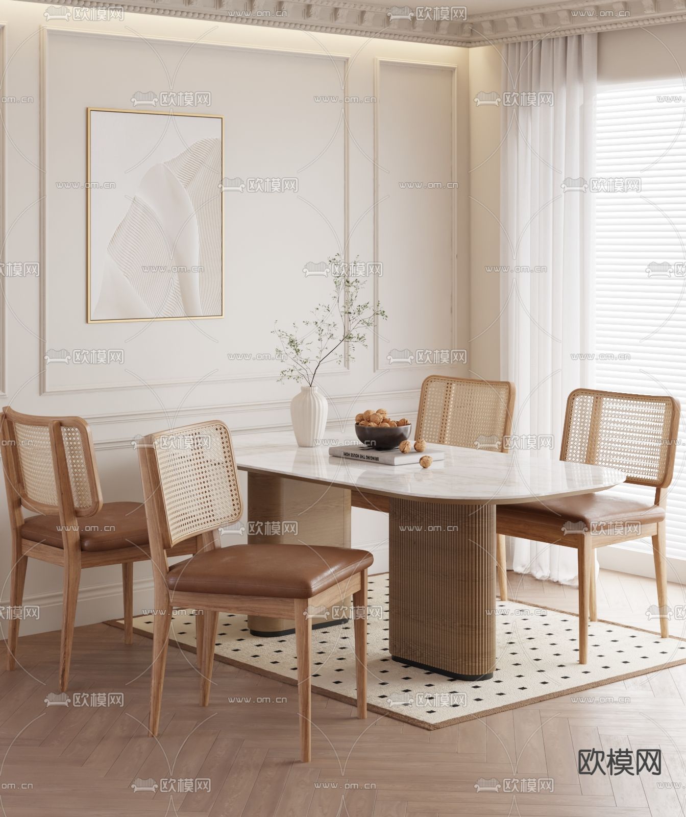 奶油风餐桌椅su模型下载（渲染图1）