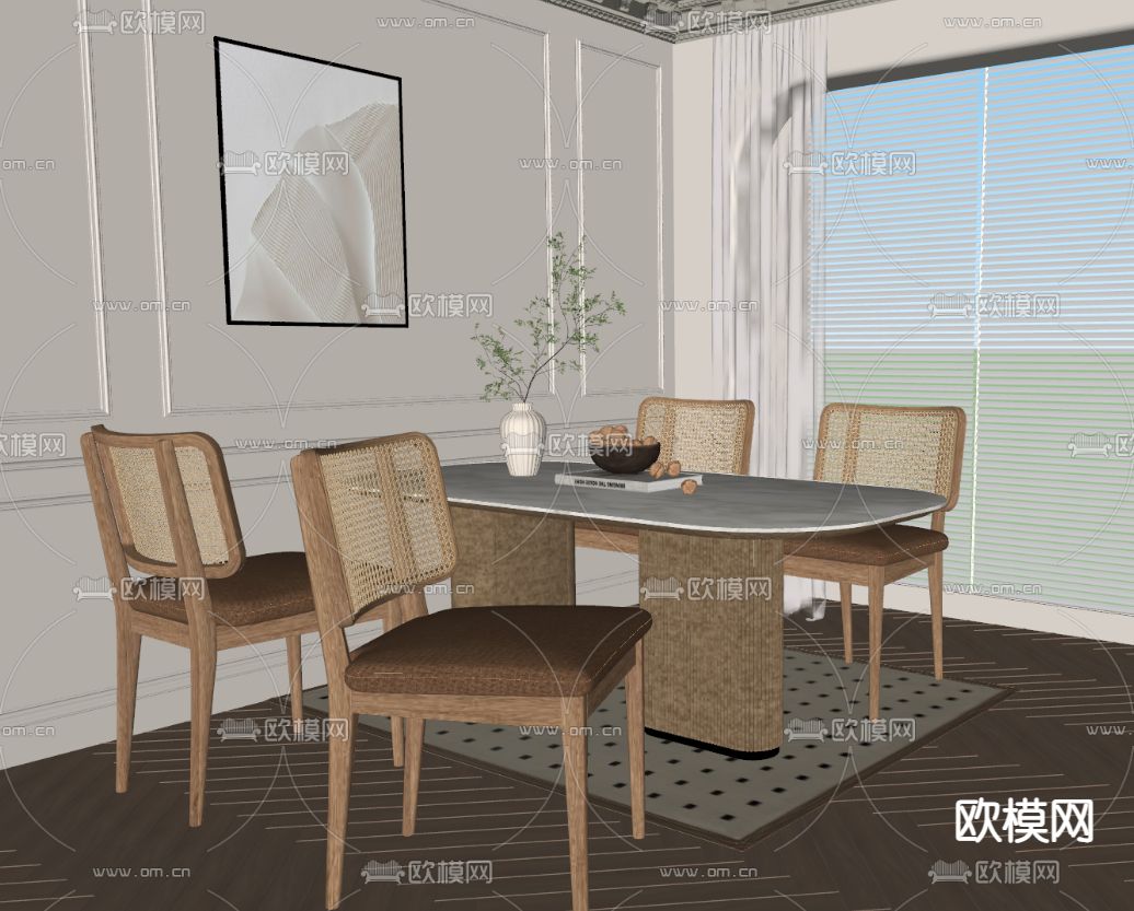 奶油风餐桌椅su模型下载（渲染图2）