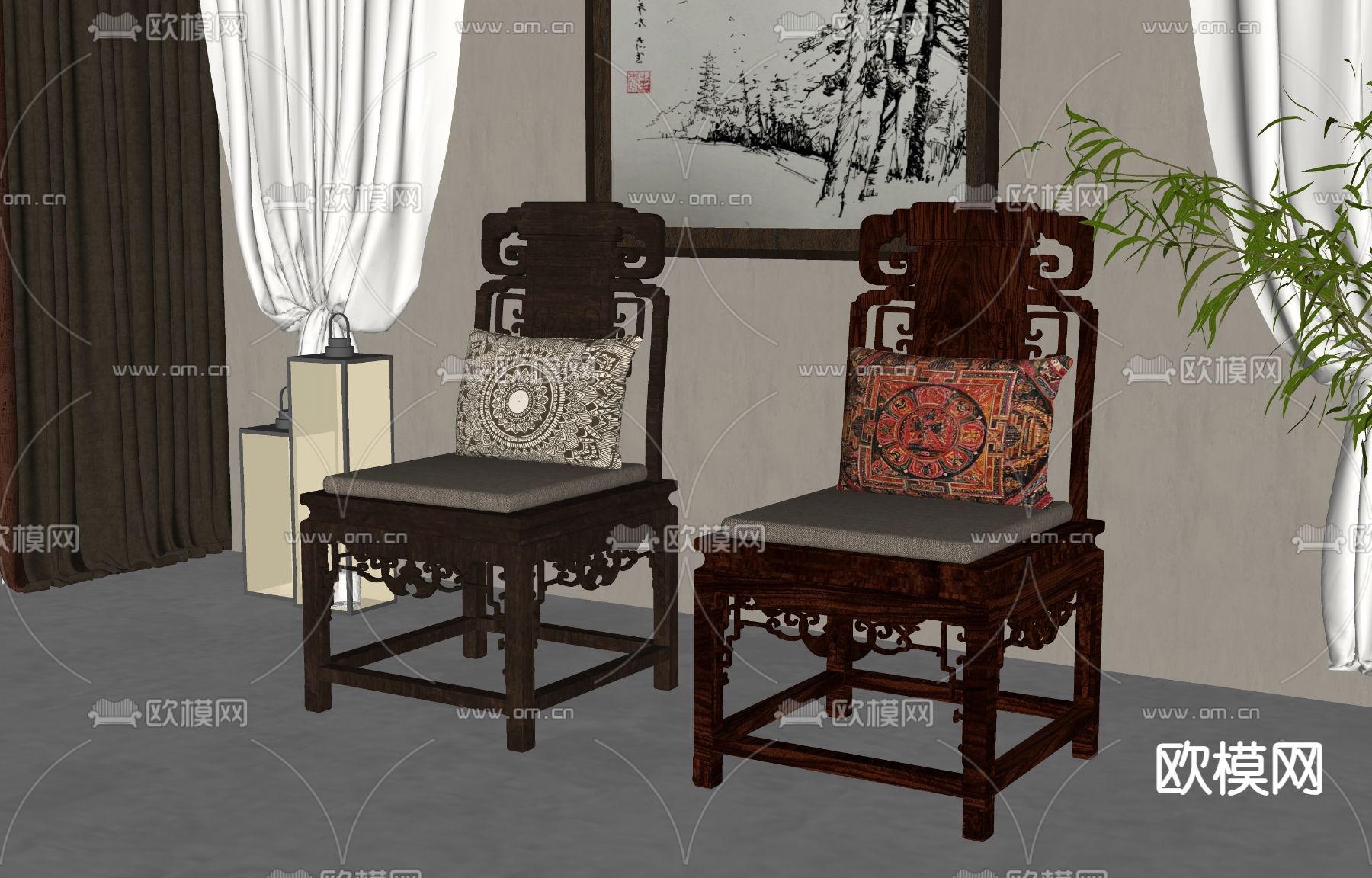 中式雕花餐椅su模型下载（渲染图2）