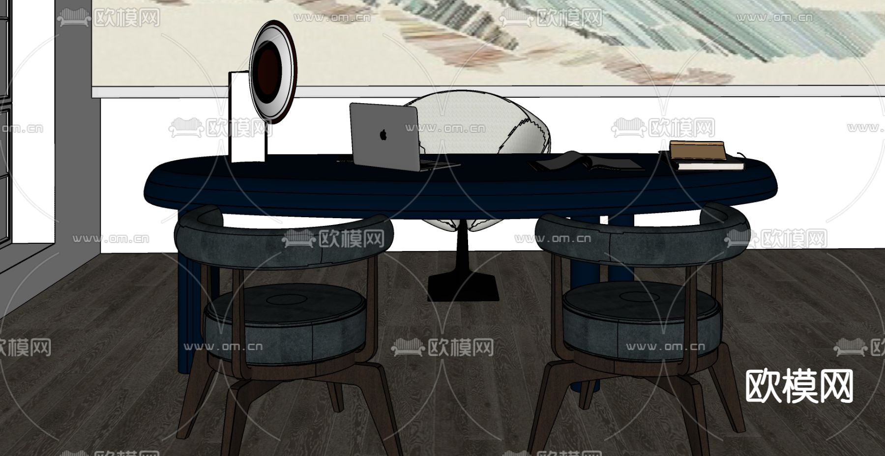 班台桌椅 办公桌椅su模型下载（渲染图3）