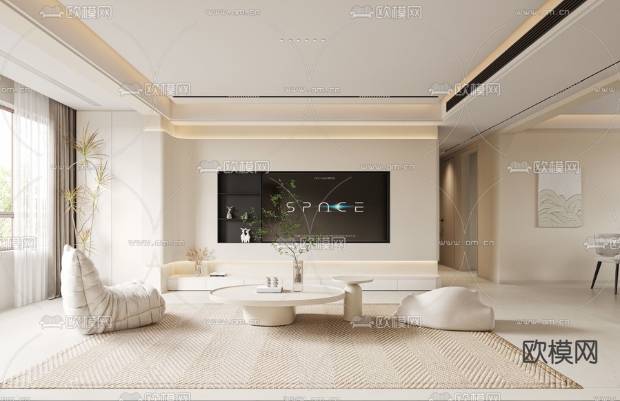 奶油风客厅 餐厅3d模型下载(渲染图3)