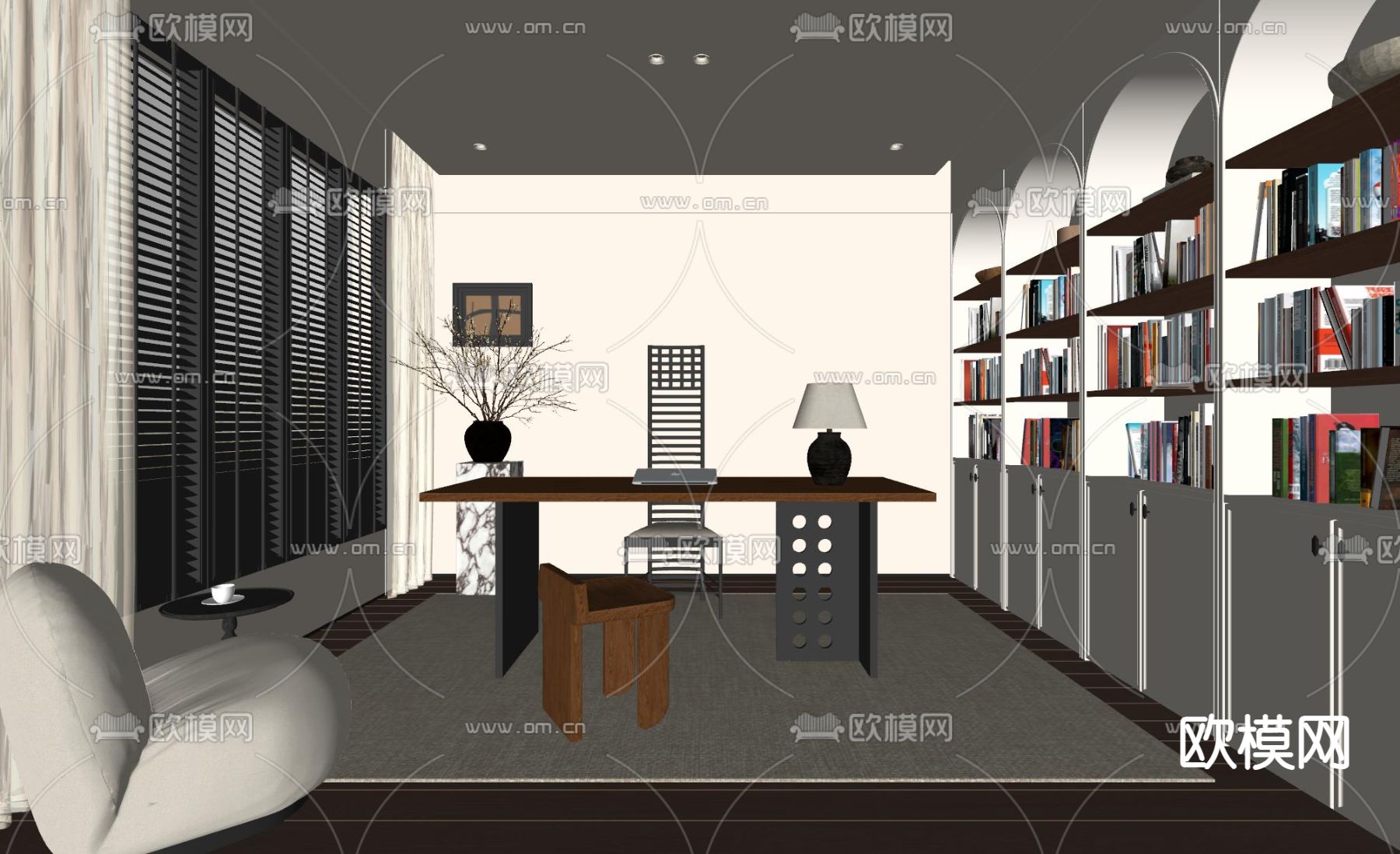 中古风书房su模型下载（渲染图2）