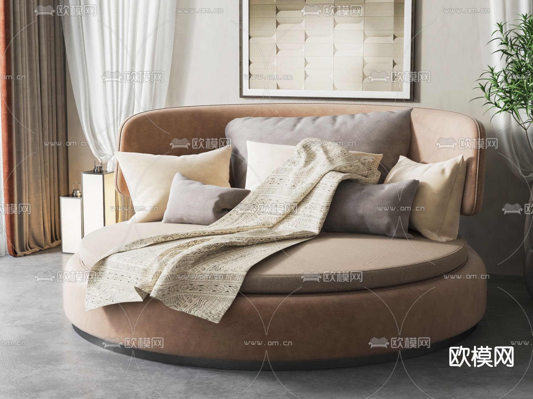 现代圆床su模型下载（渲染图1）