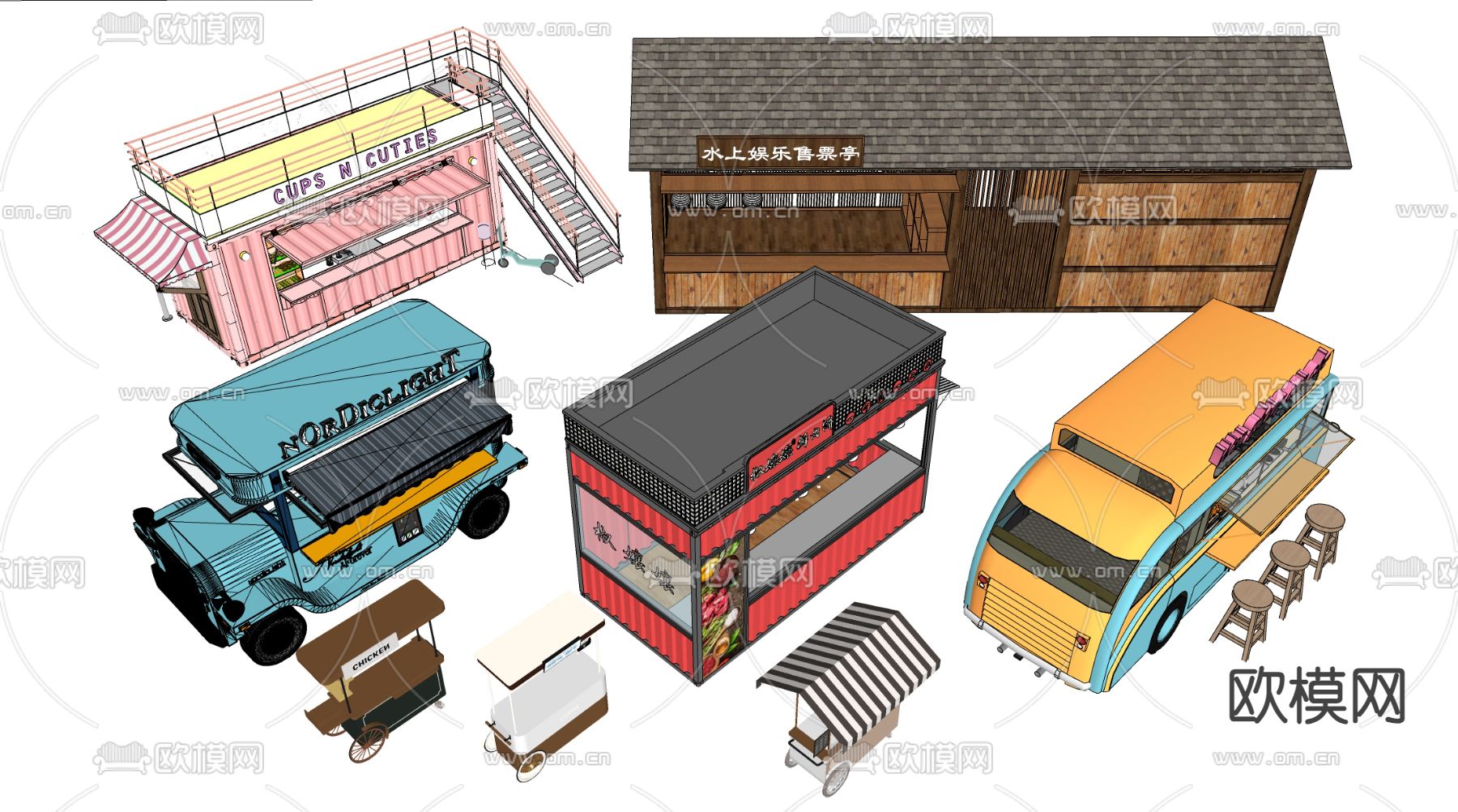 售卖亭 网红摊位 售卖车su模型下载（渲染图2）