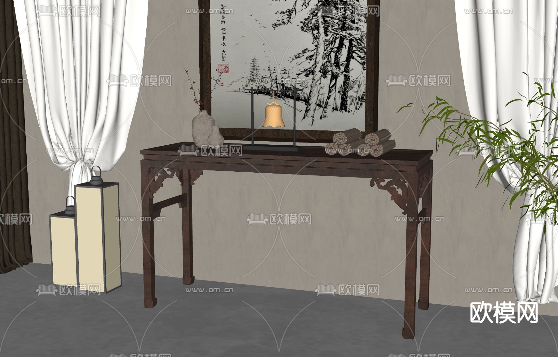 新中式端景条案su模型下载（渲染图2）