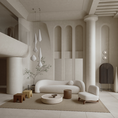  侘寂风别墅大堂su模型 