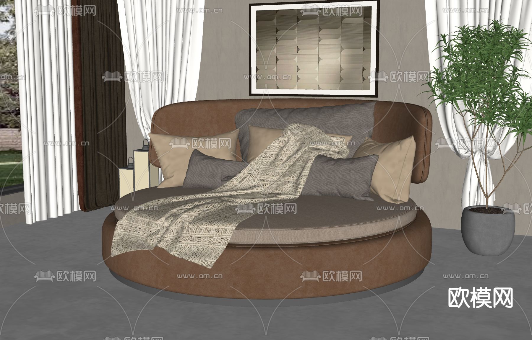 现代圆床su模型下载（渲染图2）