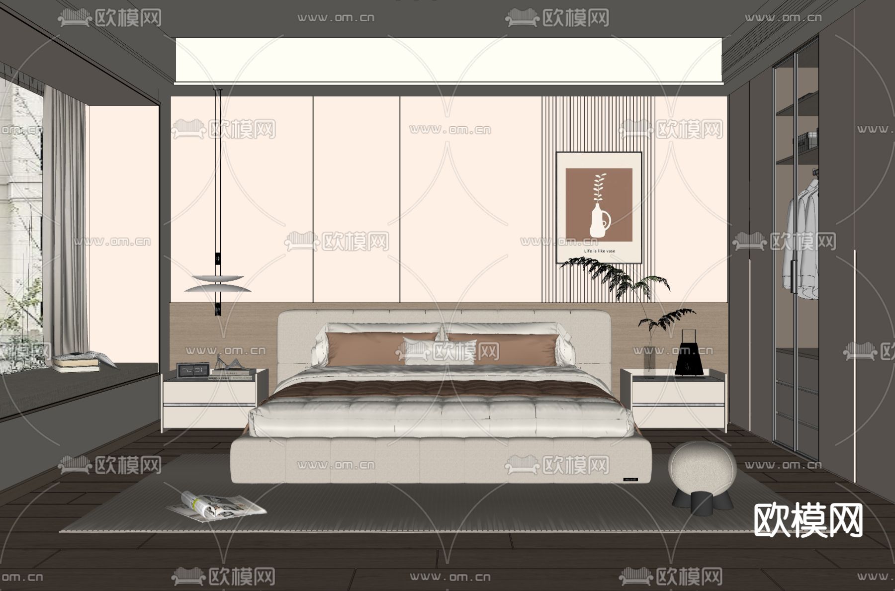 奶油风卧室su模型下载（渲染图2）