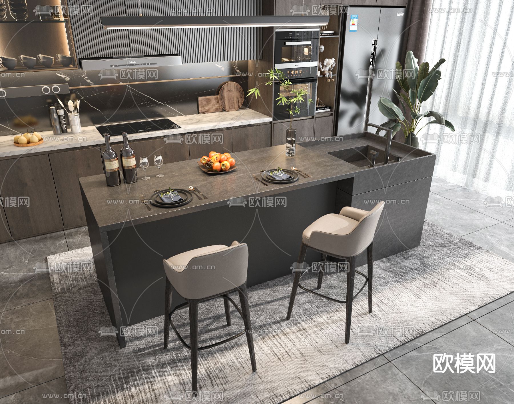 暗黑风中岛餐桌su模型下载（渲染图1）