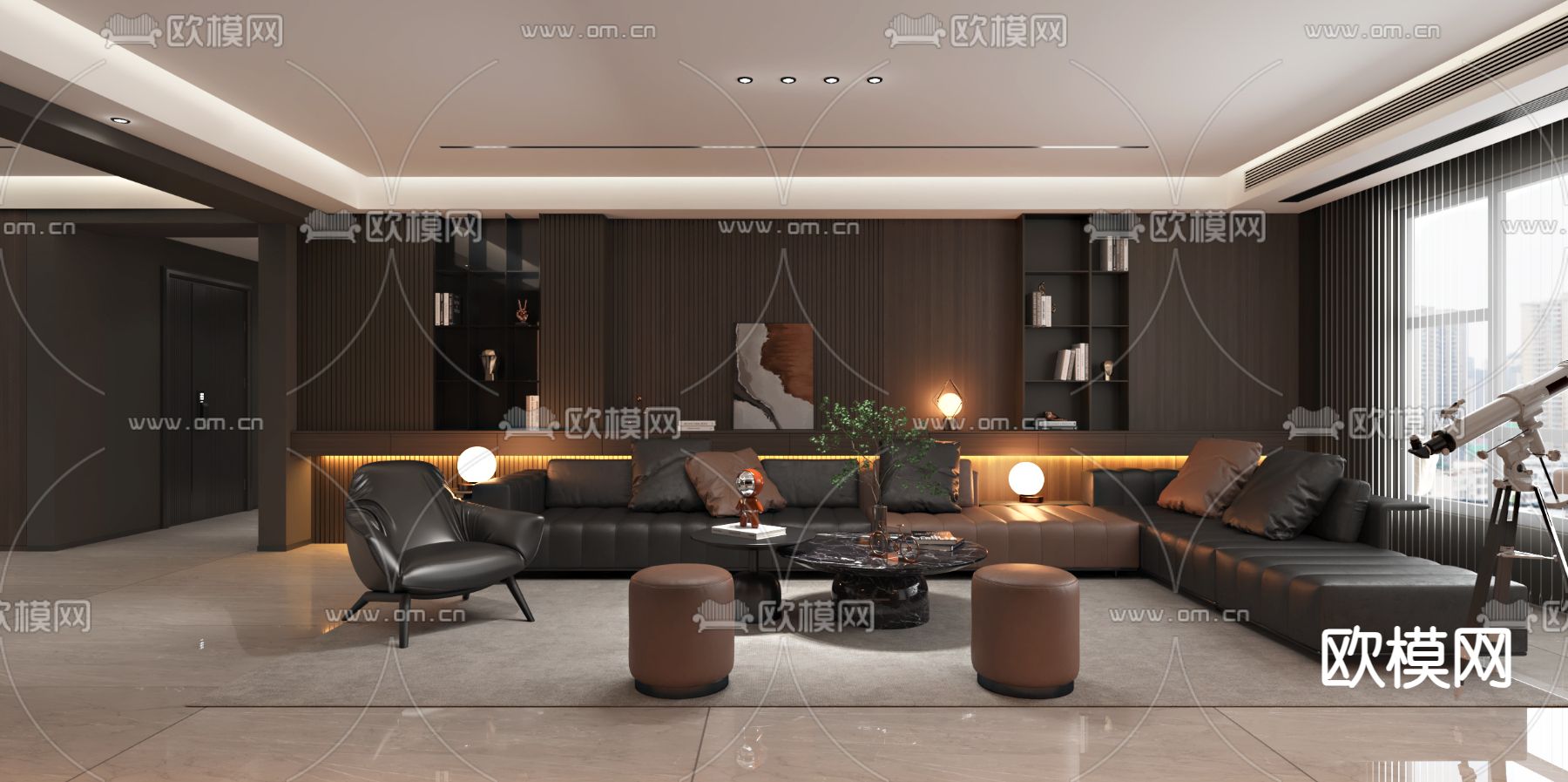 高级灰客餐厅3d模型下载（渲染图1）