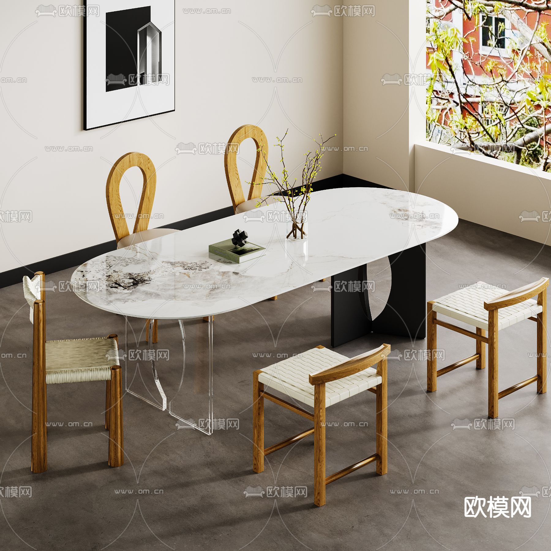 中古风餐桌椅3d模型下载