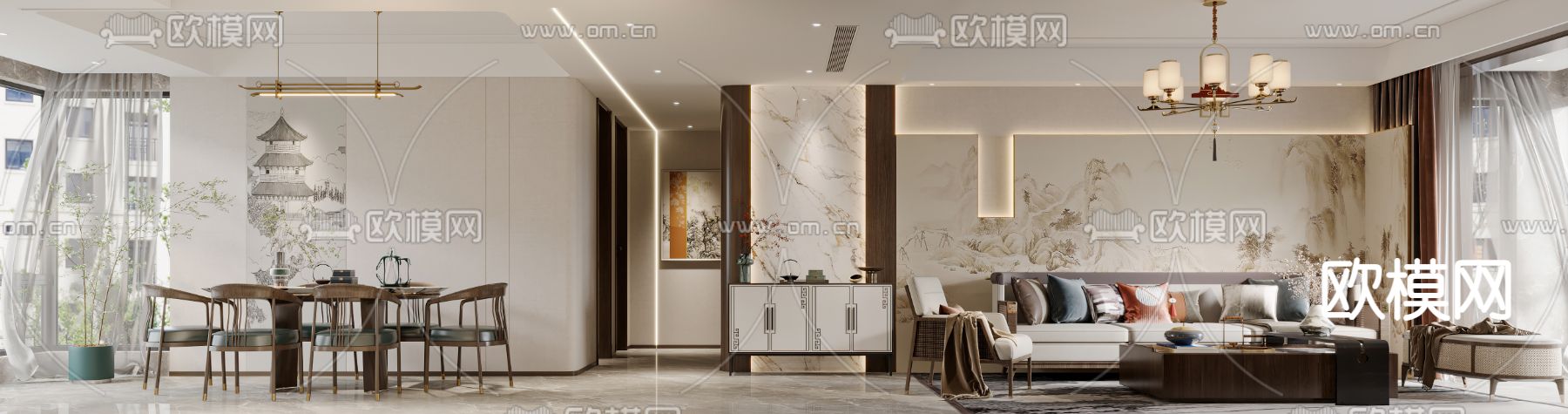 新中式客厅 餐厅3d模型下载（渲染图2）