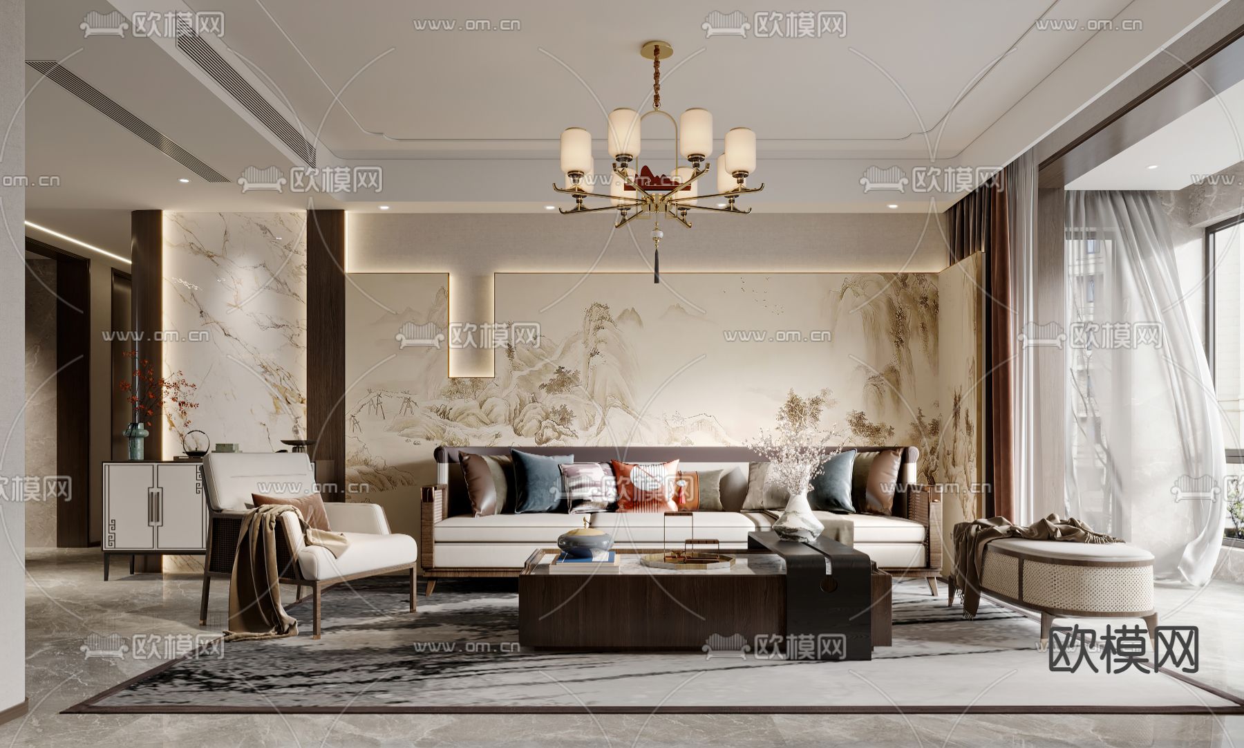 新中式客厅 餐厅3d模型下载（渲染图1）