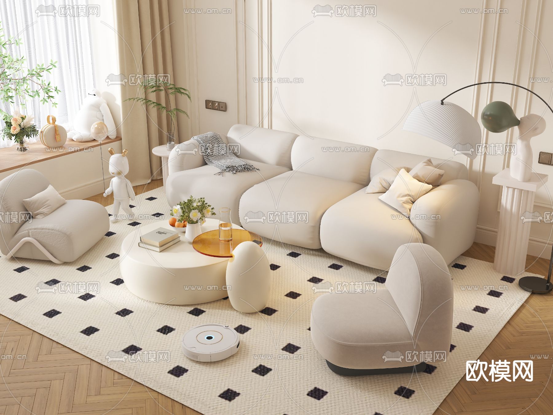 奶油风组合沙发3d模型下载
