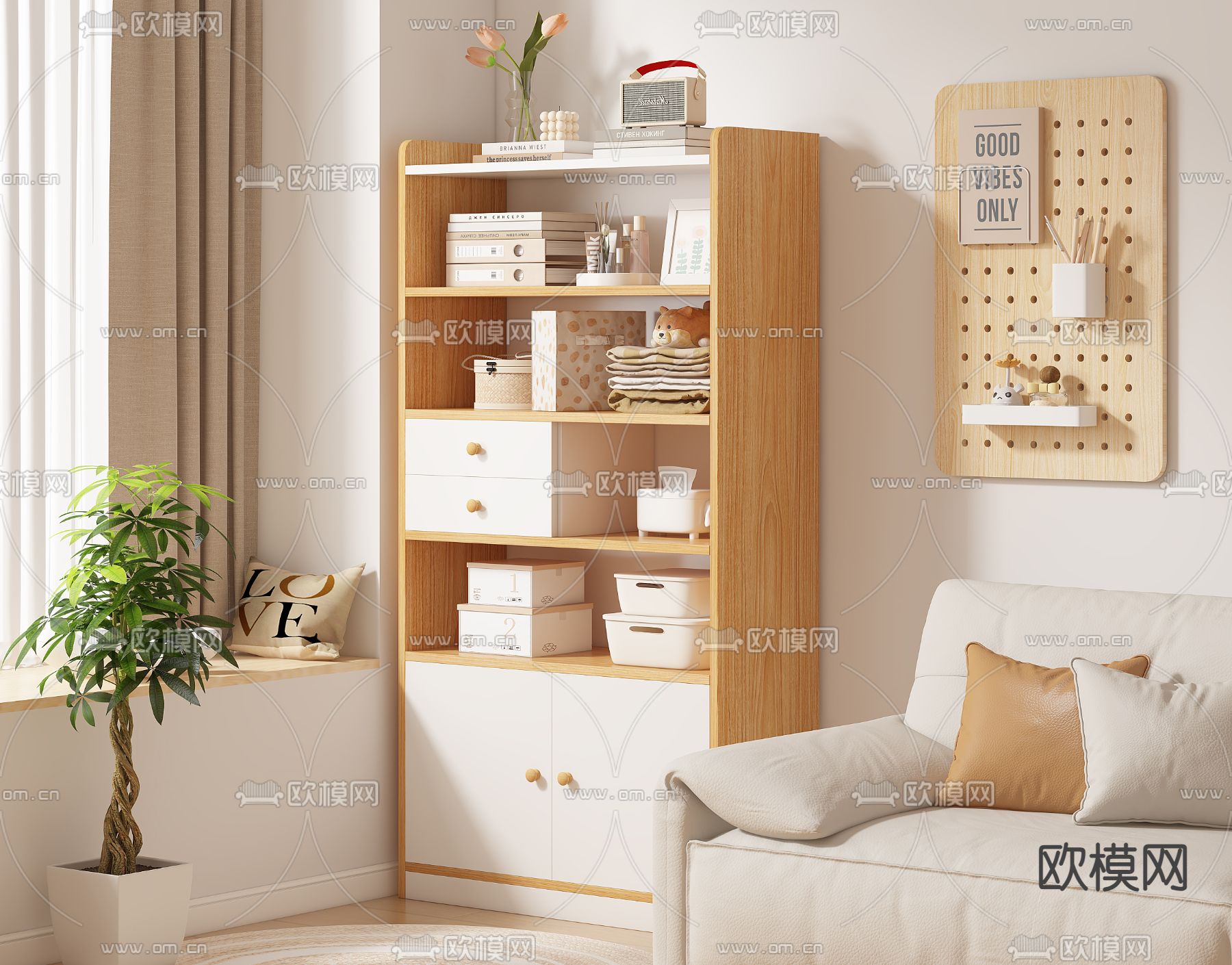 奶油风储物柜 收纳柜3d模型下载（渲染图1）