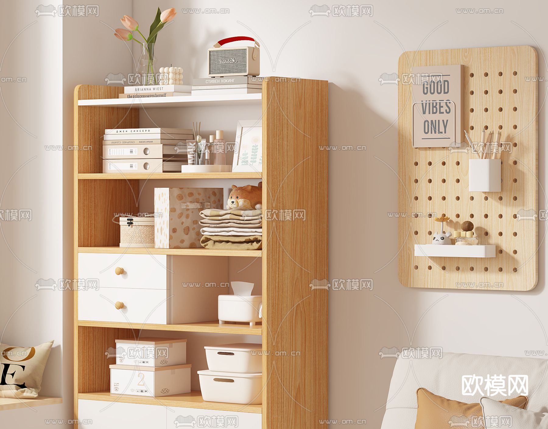 奶油风储物柜 收纳柜3d模型下载（渲染图2）