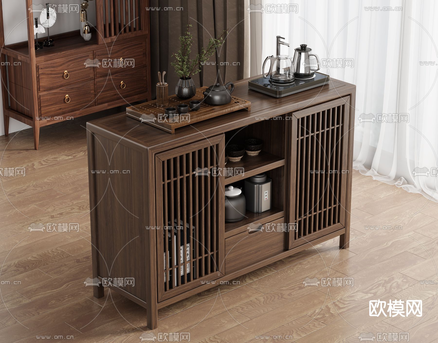 新中式移动茶台 茶水柜  泡茶柜3d模型下载（渲染图1）