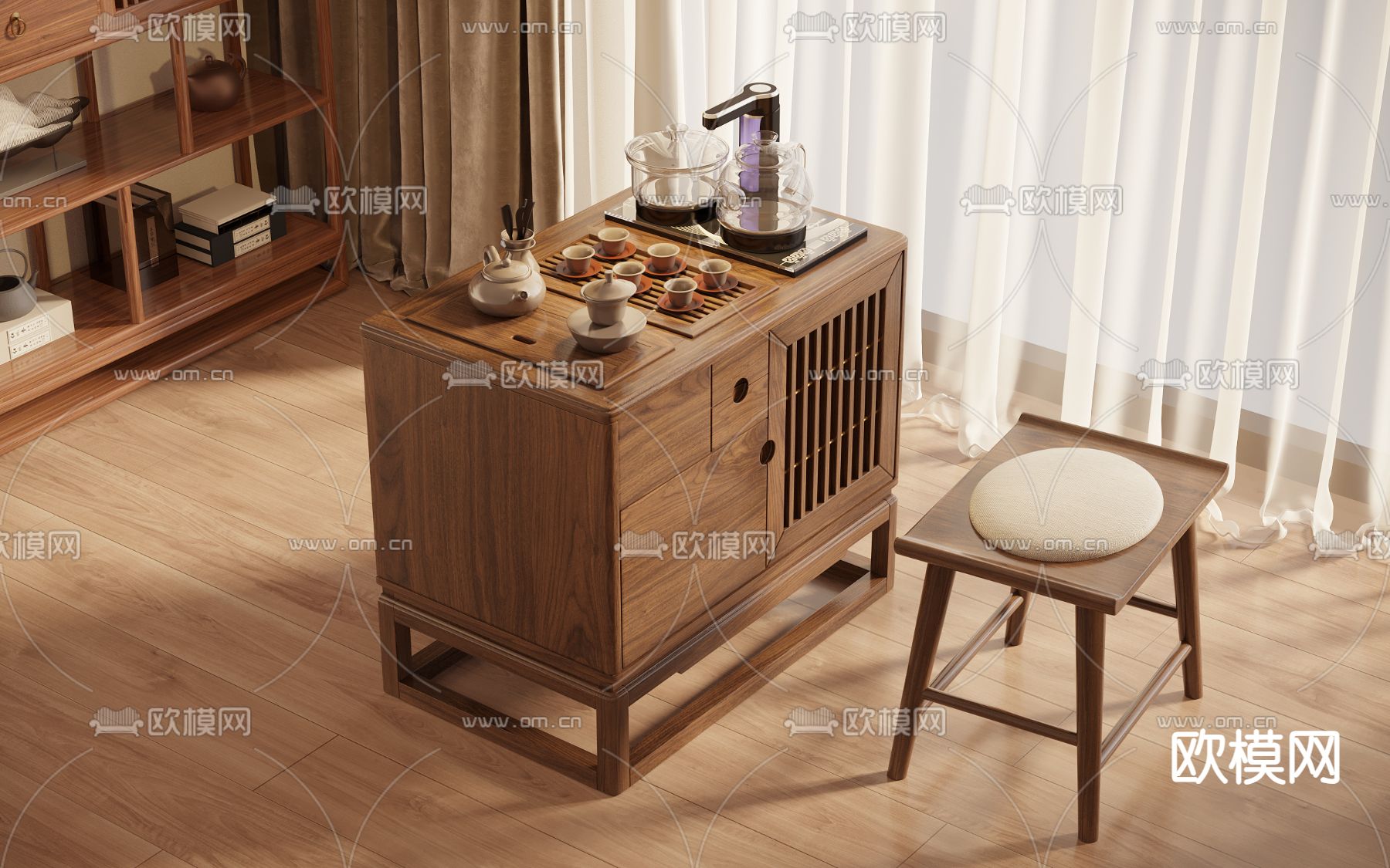 新中式茶水柜 泡茶柜3d模型下载（渲染图1）