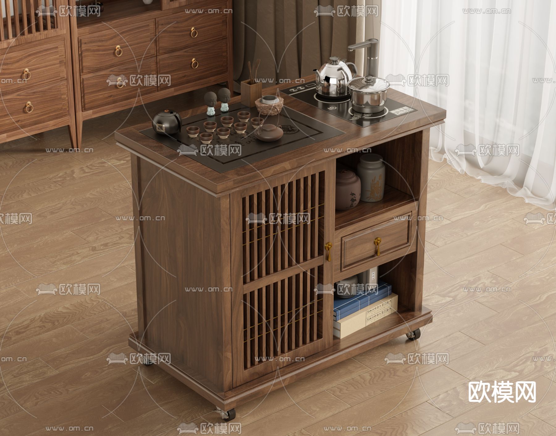新中式茶水柜 泡茶柜3d模型下载（渲染图1）