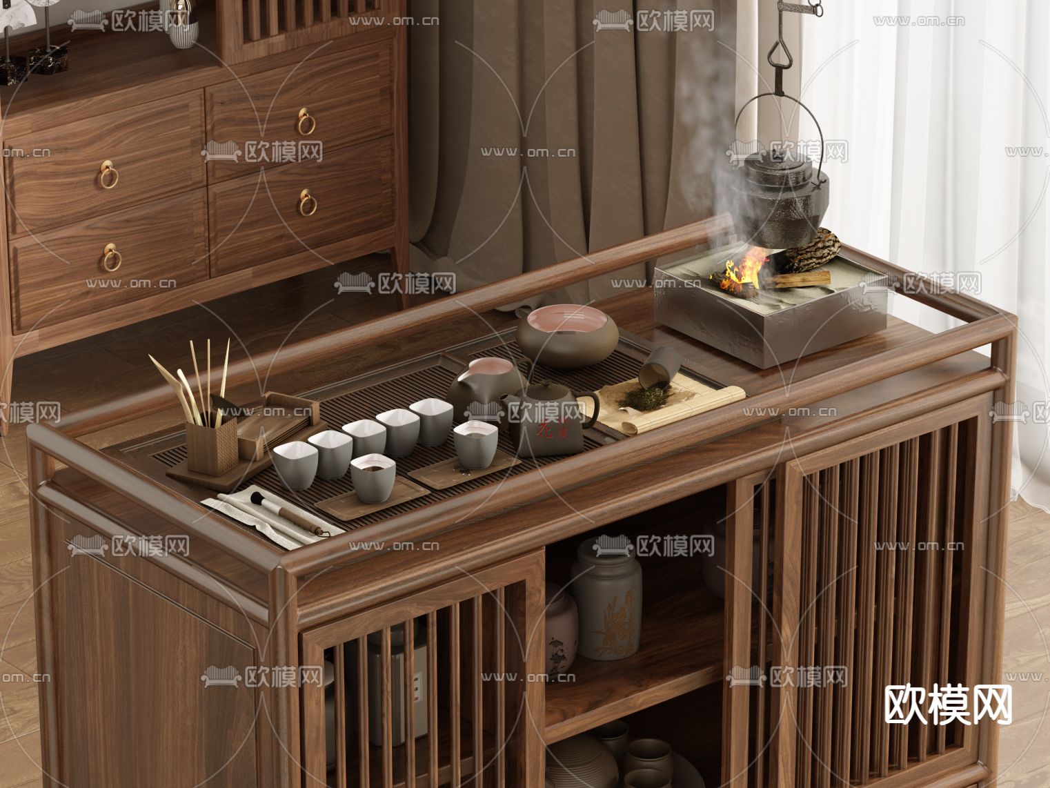 新中式茶水柜 泡茶柜3d模型下载（渲染图2）