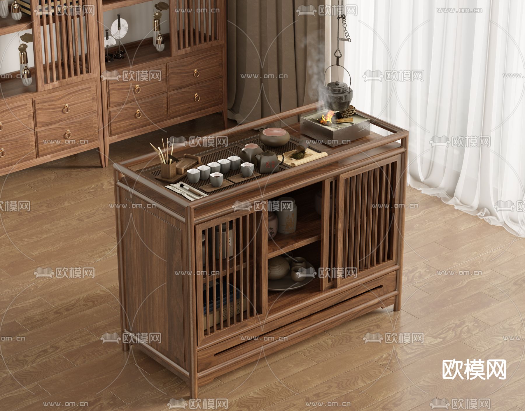 新中式茶水柜 泡茶柜3d模型下载（渲染图1）