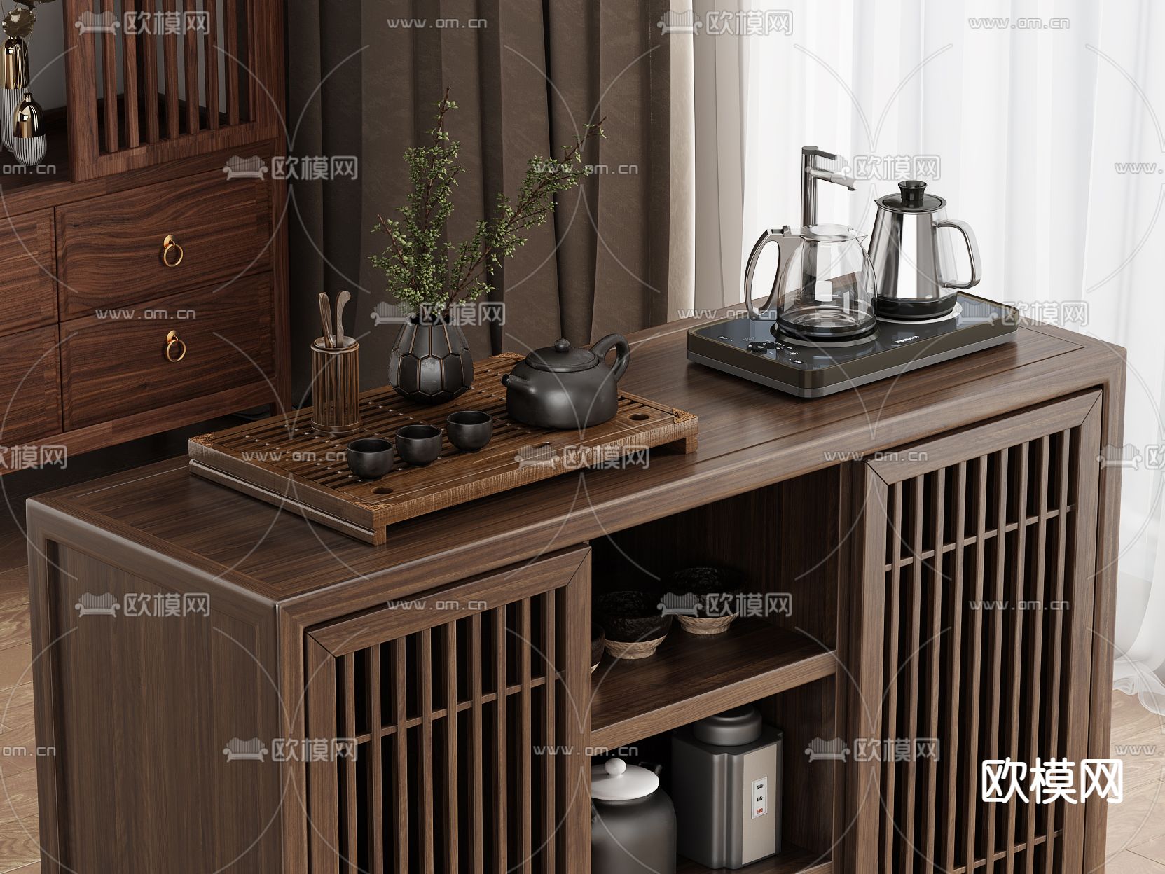 新中式移动茶台 茶水柜  泡茶柜3d模型下载（渲染图2）
