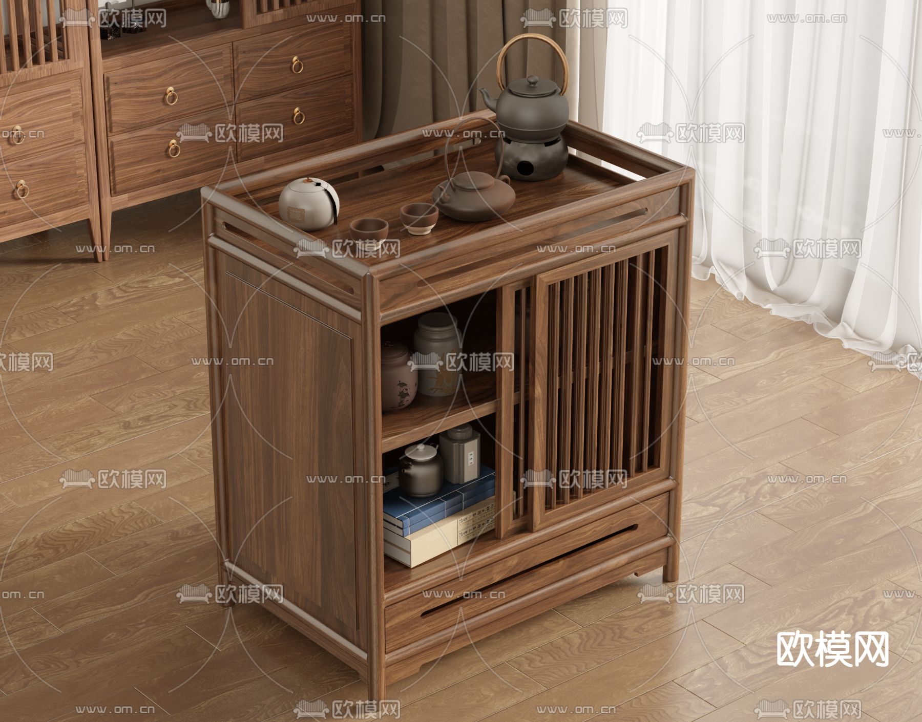 新中式茶水柜 泡茶柜3d模型下载（渲染图1）