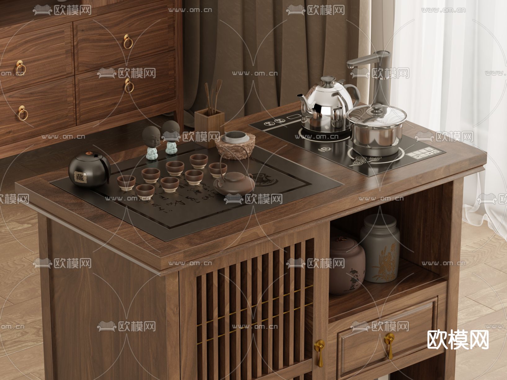 新中式茶水柜 泡茶柜3d模型下载（渲染图2）