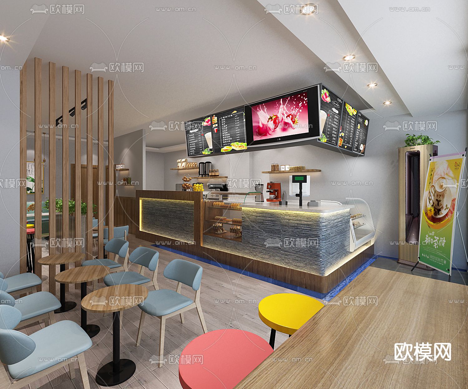 现代奶茶店免费3d模型下载（渲染图1）