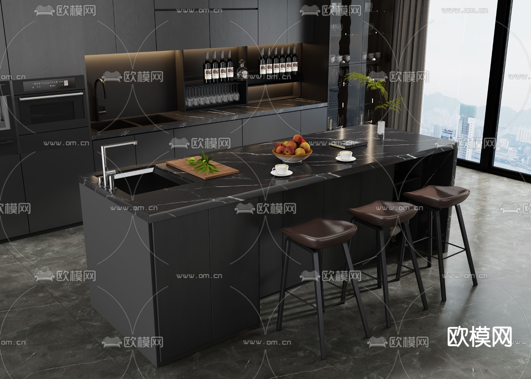 暗黑风吧台 中岛台3d模型下载