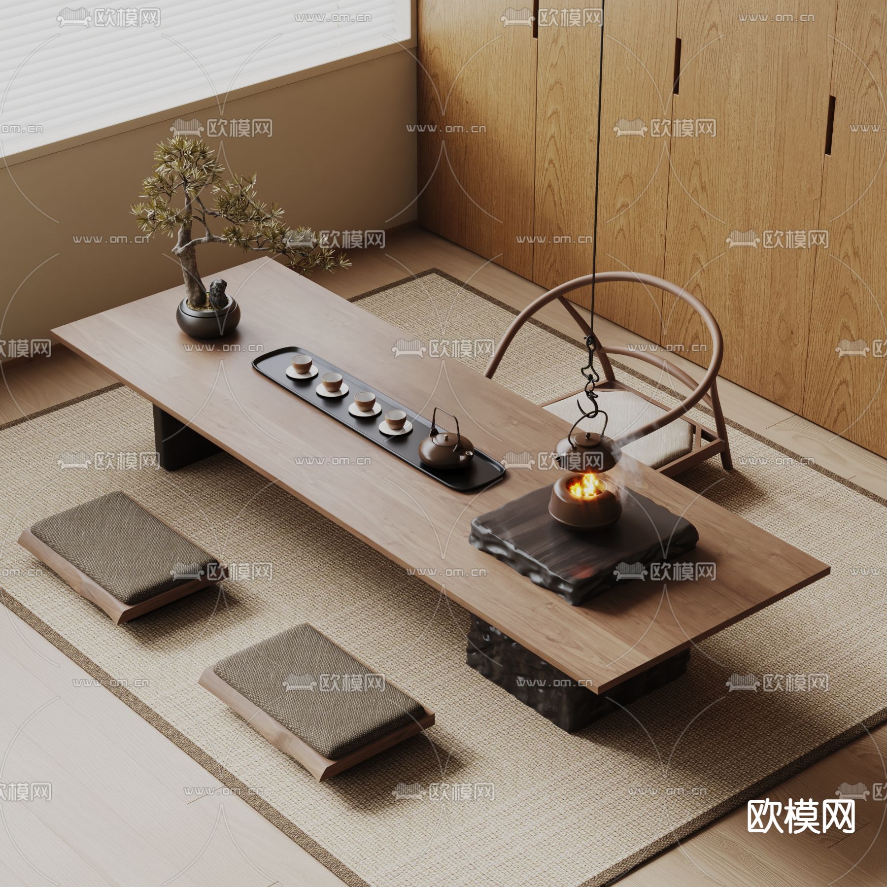 侘寂风茶台 榻榻米茶桌3d模型下载