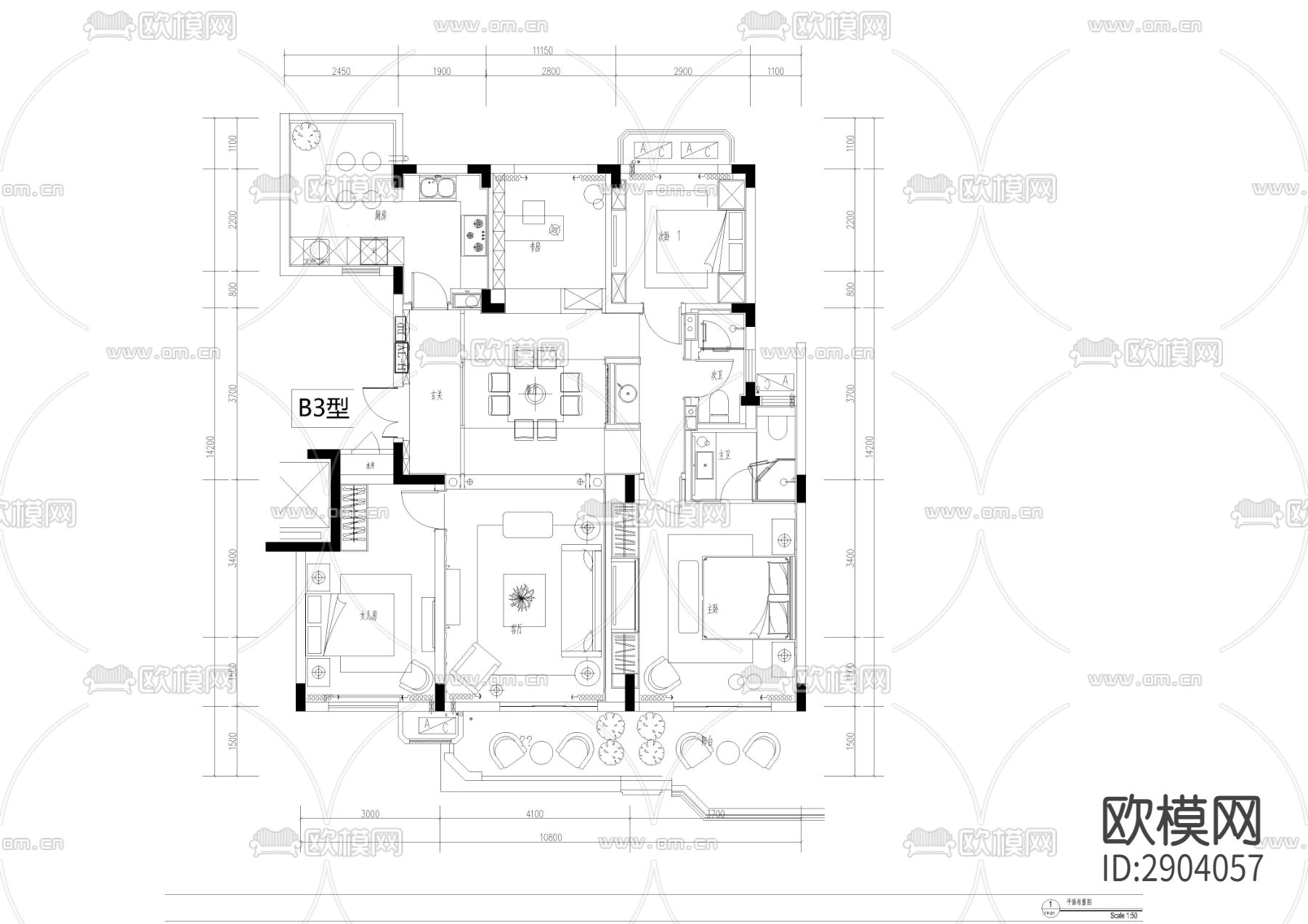 洛可可大户型CAD施工图下载（渲染图1）
