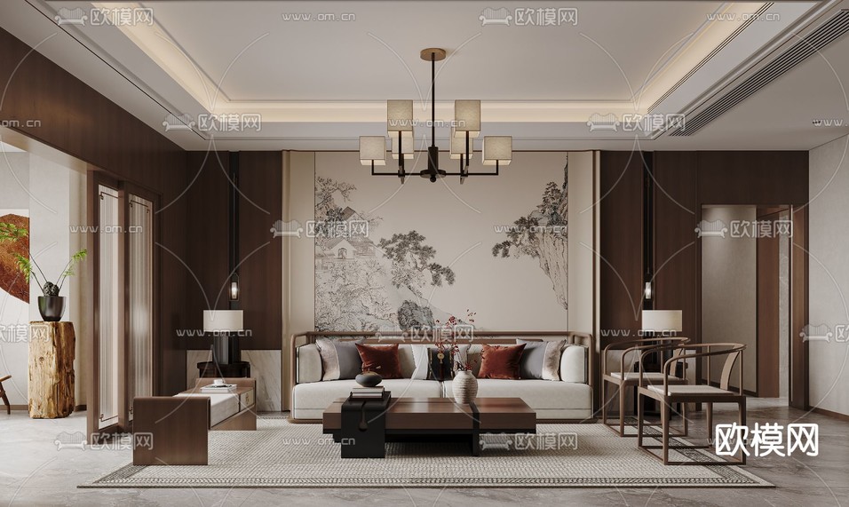 新中式客餐厅3d模型下载_ID14325909_3dmax免费模型-欧模网