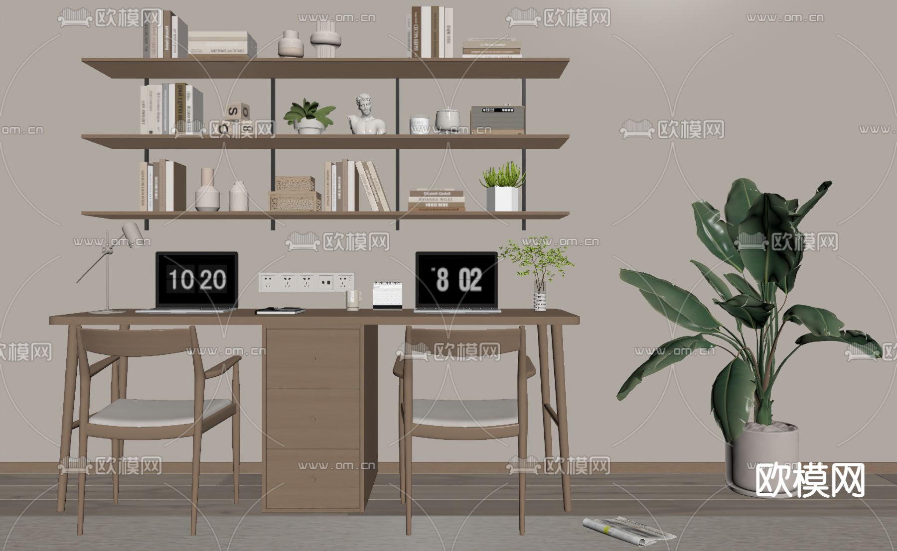 双人书桌 写字台 电脑桌su模型下载（渲染图3）