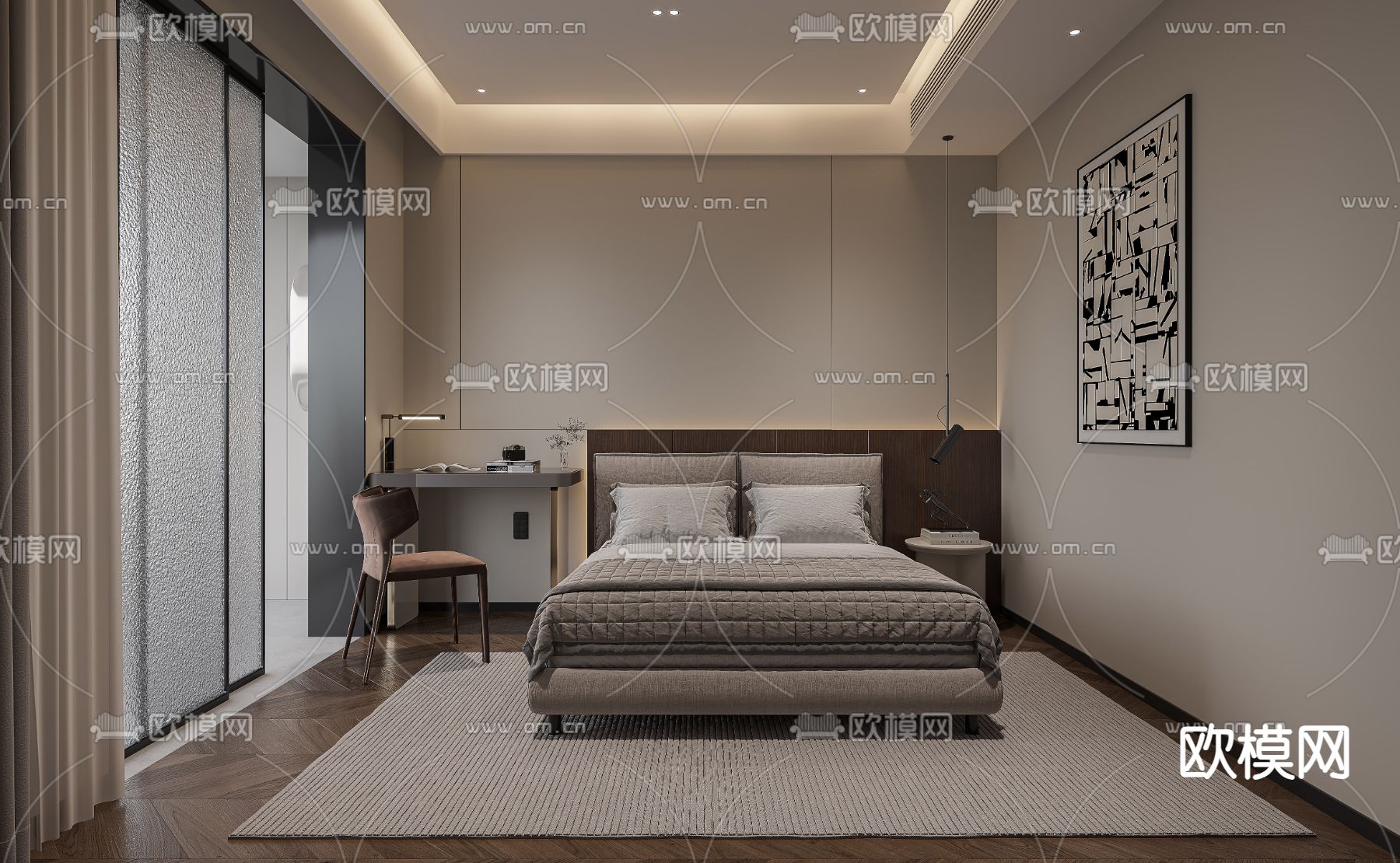 现代卧室 主卧 主人房3d模型下载（渲染图1）