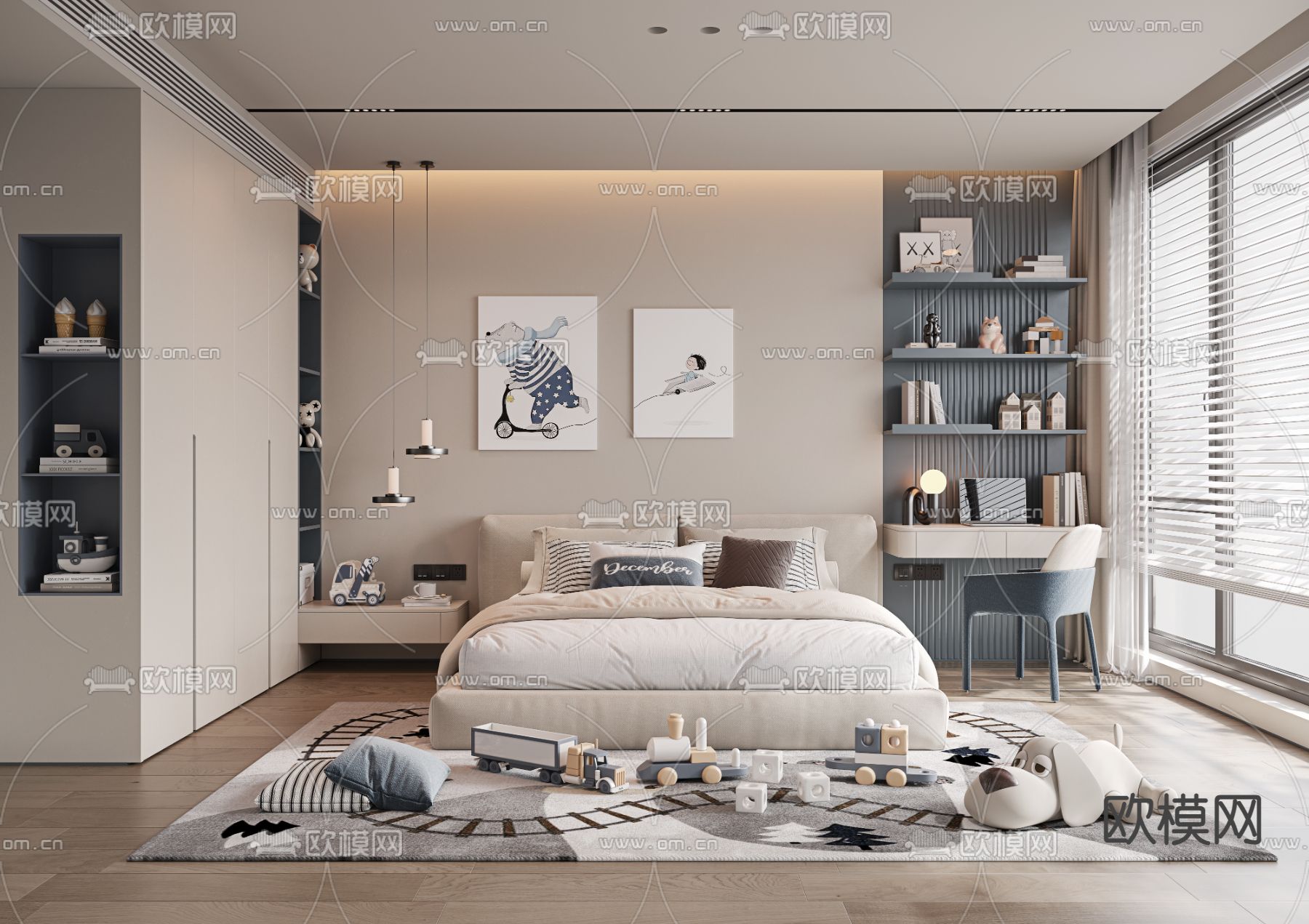 现代儿童房 小孩房卧室3d模型下载（渲染图1）