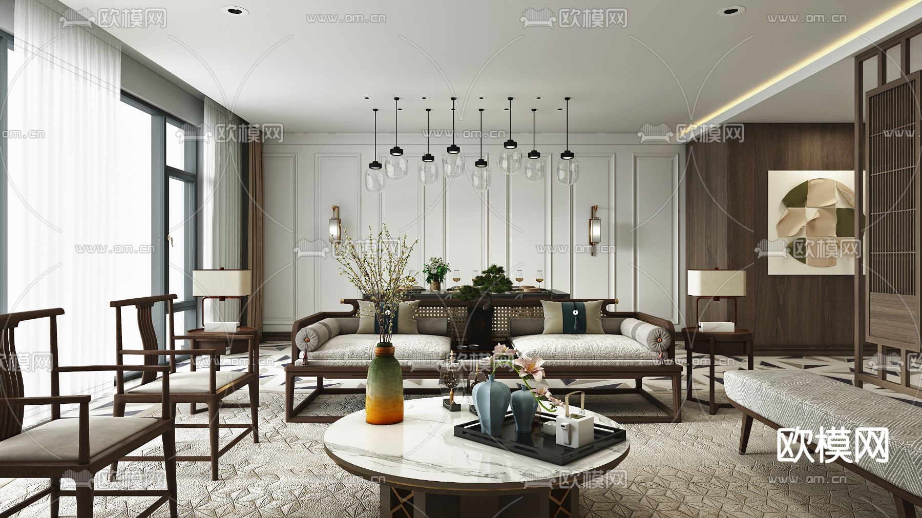 新中式客餐厅3d模型下载（渲染图1）