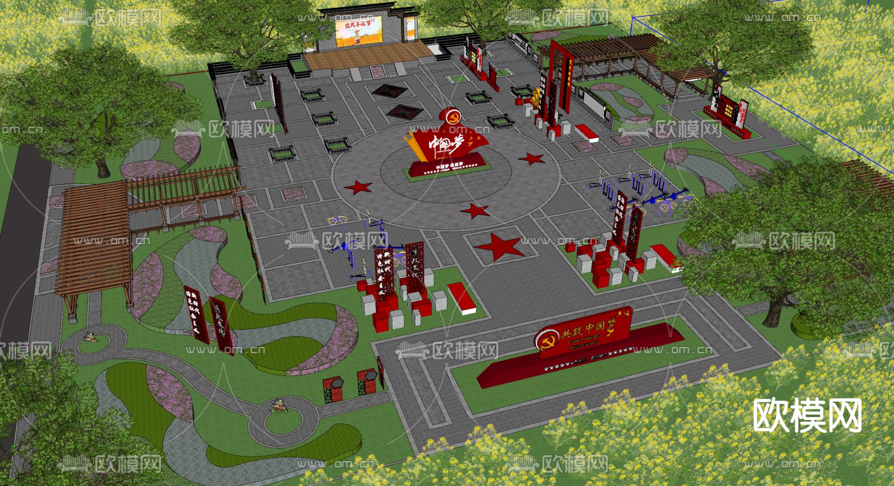中式党政广场景观su模型下载（渲染图2）