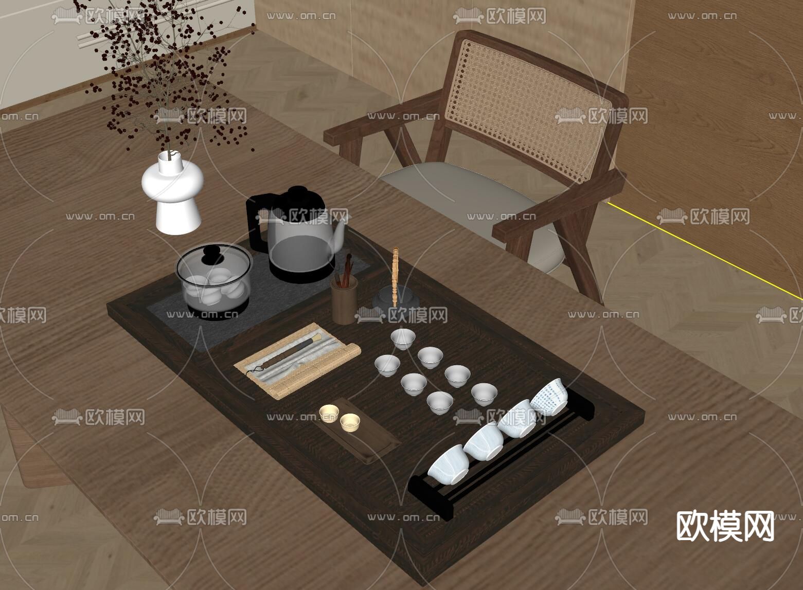 现代茶具 茶壶 茶杯su模型下载（渲染图2）