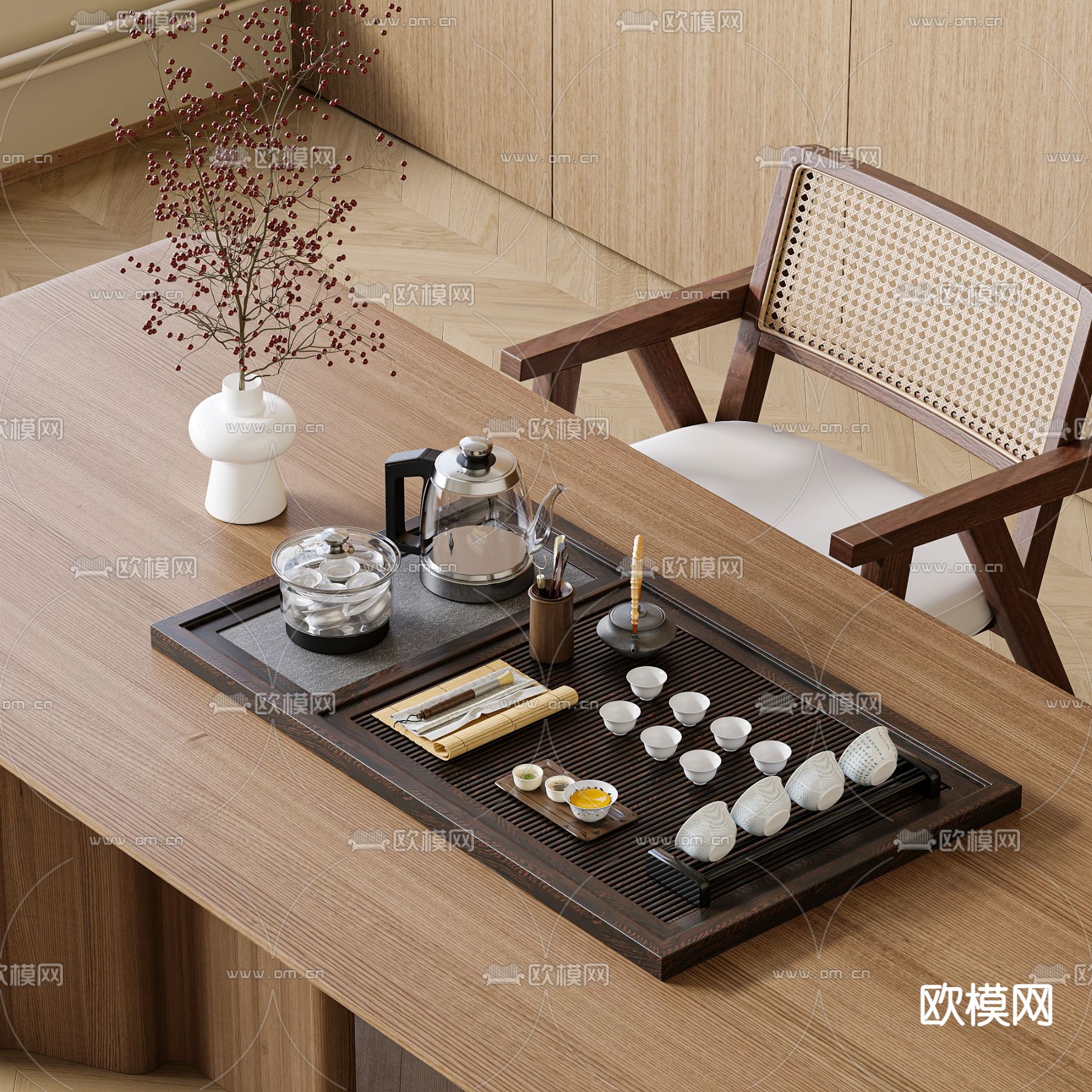 现代茶具 茶壶 茶杯su模型下载（渲染图1）