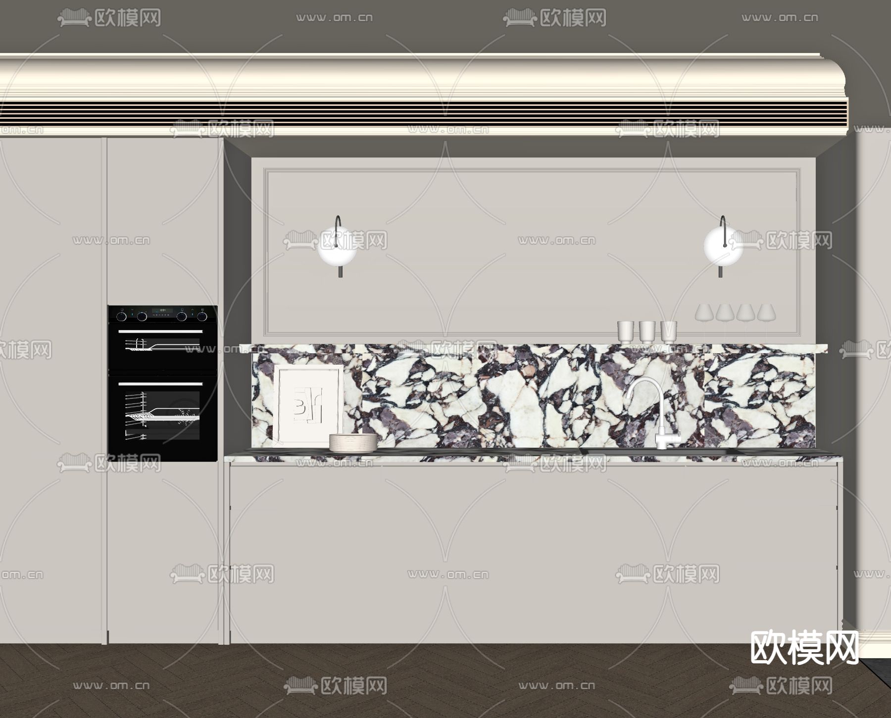 奶油风橱柜su模型下载（渲染图2）
