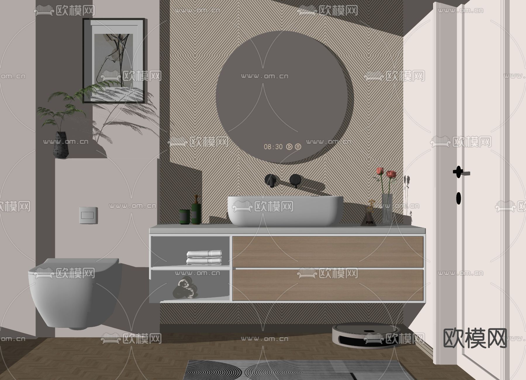 奶油风浴室柜 洗手台su模型下载（渲染图2）