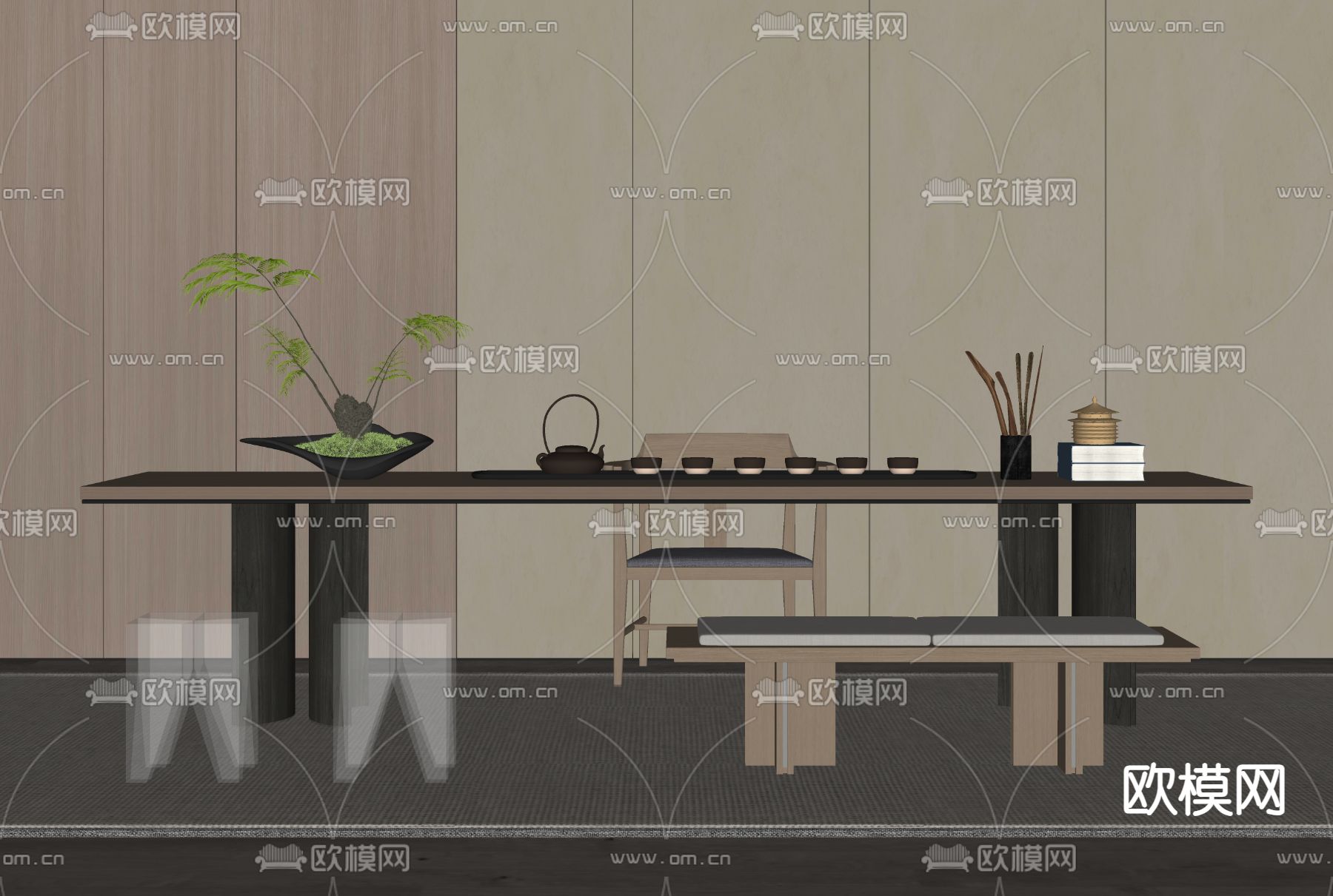 现代茶桌 茶台su模型下载（渲染图2）