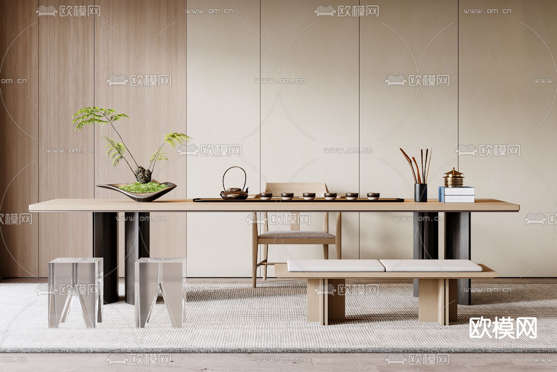 现代茶桌 茶台su模型下载（渲染图1）